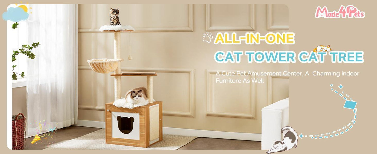 Solid Wood Cat Tree And Tower With Litter Box, Cat Scratching Board And Hammock For Indoor Large Cats
